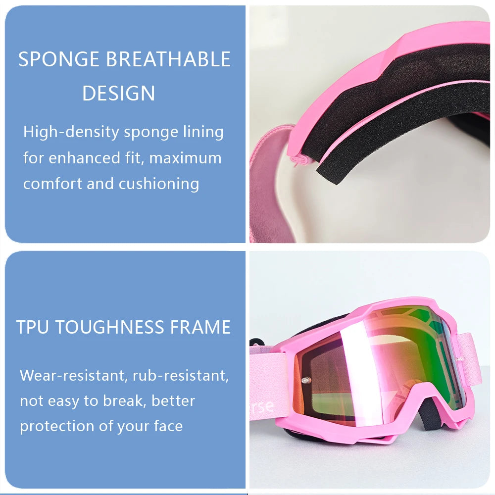 Pink sport-grade skiing goggles featuring a sponge breathable design and TPU toughness frame.
