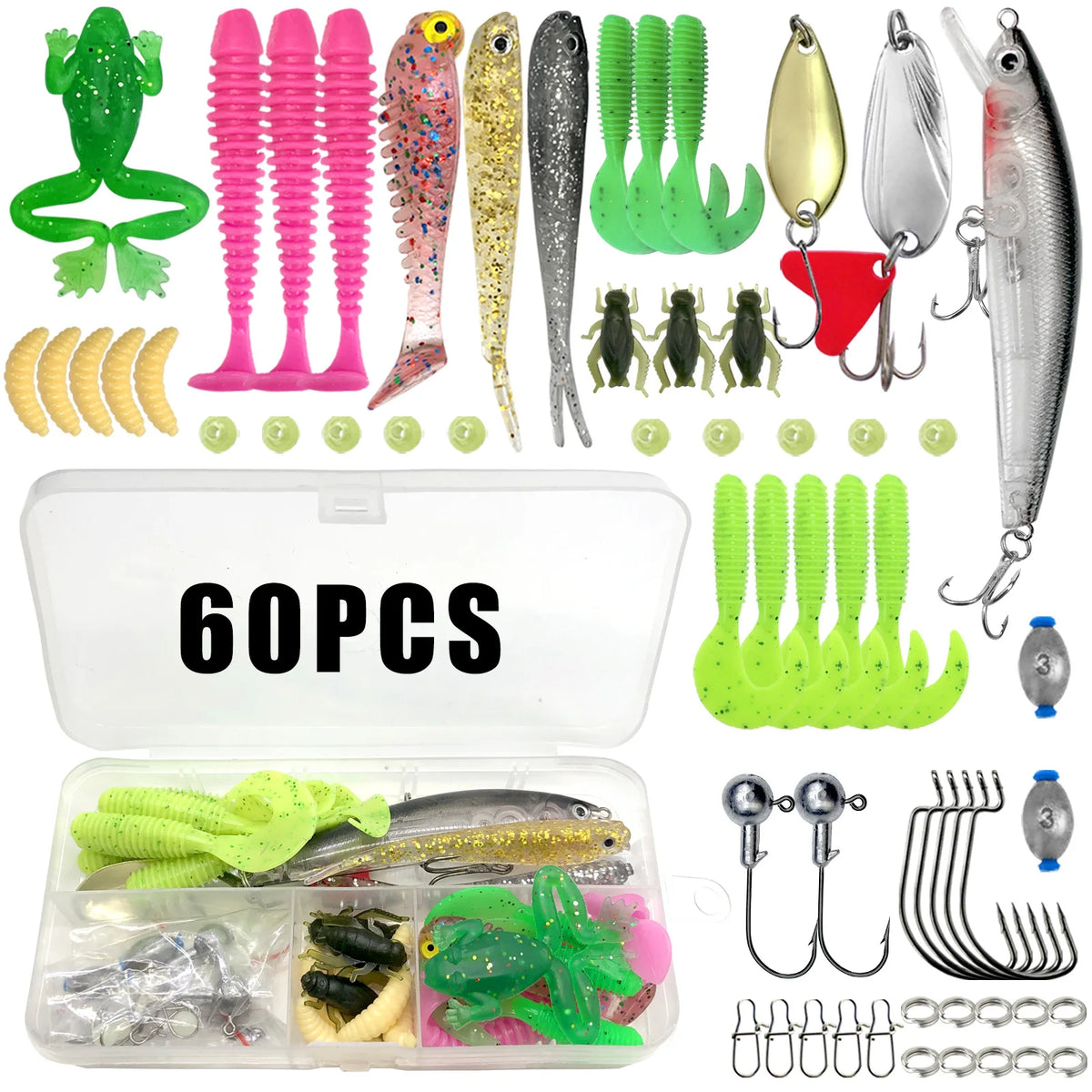 A collection of fishing lures including plugs, spoons, jigs, and various hooks packaged in a clear plastic box.