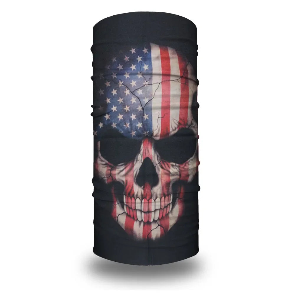 A black tube bandana featuring a patriotic design with an American flag and skull print.