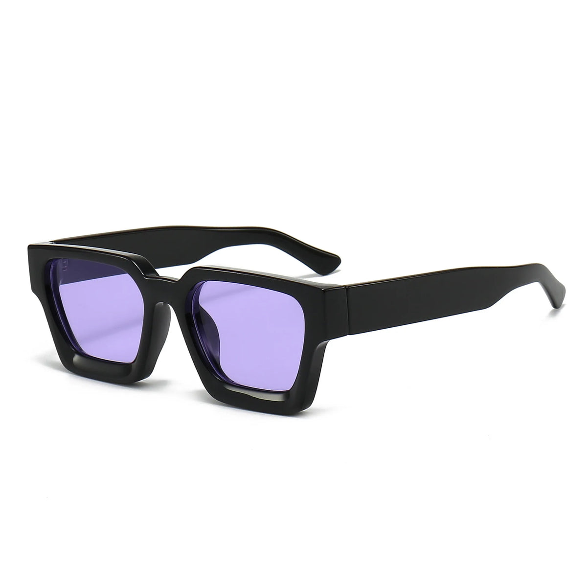 Black retro square frame sunglasses with purple lenses