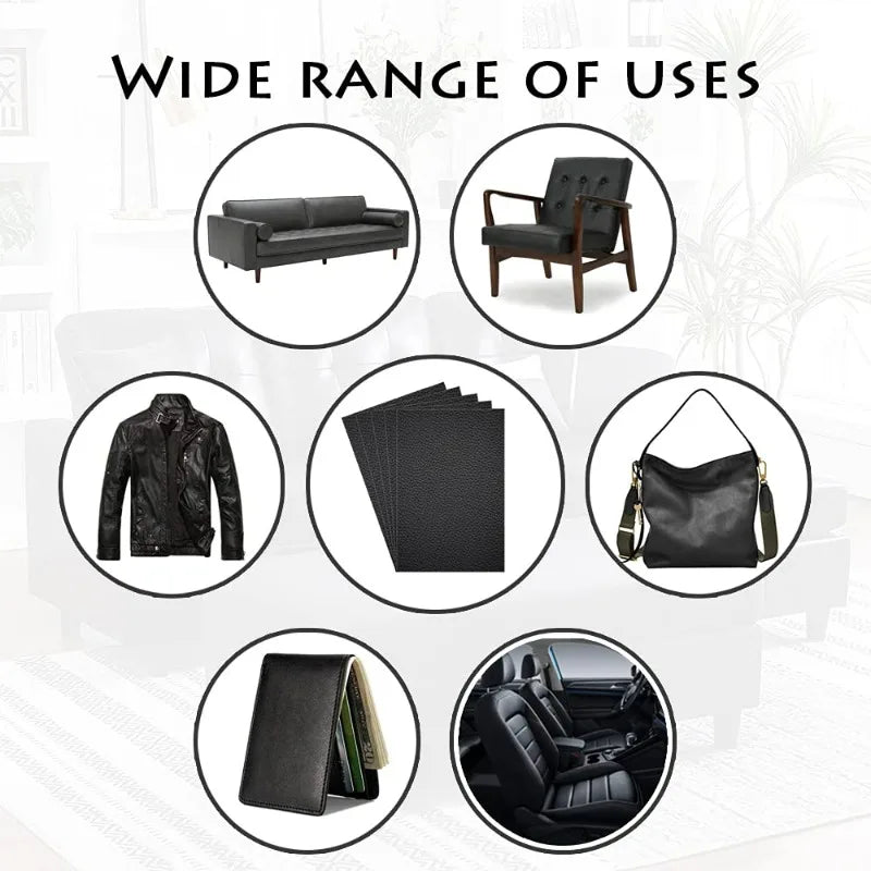 A collection of self-adhesive leather repair patches shown in various applications including furniture, clothing, and automot