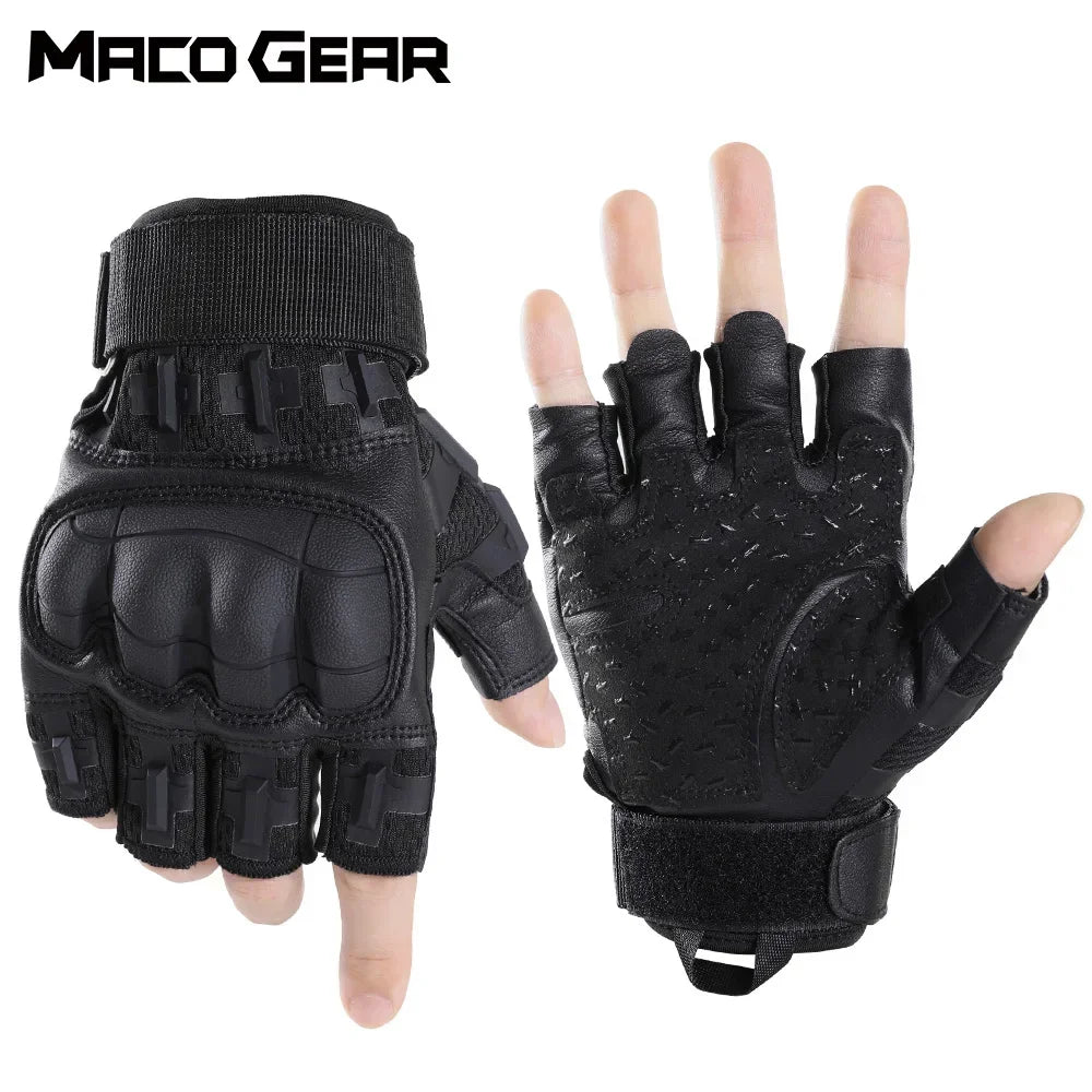 Black tactical PU leather touch screen gloves shown from the palm side