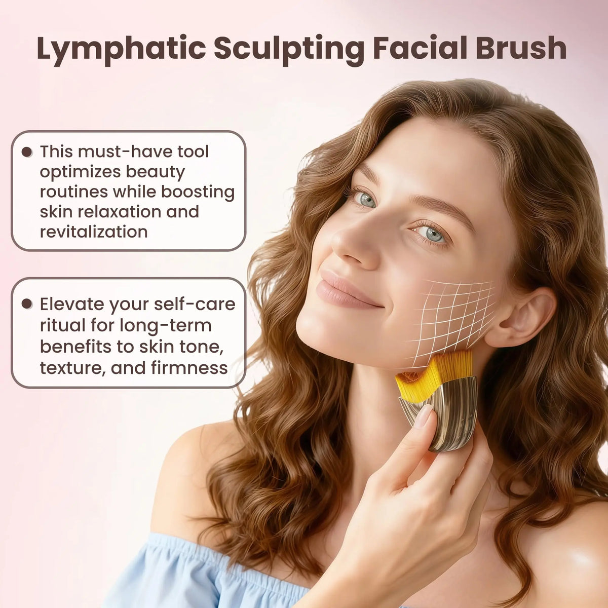 A woman is using a yellow lymphatic sculpting facial brush on her face.