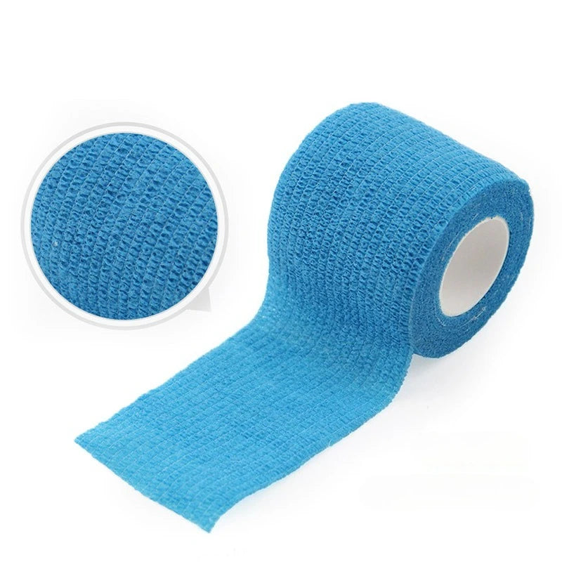 Roll of blue self-adhesive elastic bandage tape with a circular swatch shown nearby.