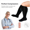 Black compression socks promoting blood circulation and reducing muscle soreness shown next to a doctor.