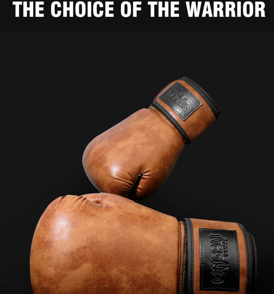 A close-up of a brown leather boxing glove with black stitching and a branded patch on the wrist.