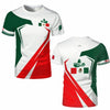 A white t-shirt featuring the flag of Mexico design with green and red stripes and an eagle graphic.