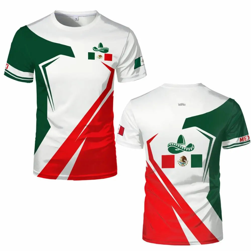 A white t-shirt featuring the flag of Mexico design with green and red stripes and an eagle graphic.