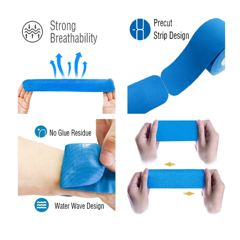 Blue kinesiology tape featuring a precut strip design, no glue residue, and a water wave pattern for joint and muscle support