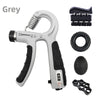 A grey adjustable hand grip strengthener device with a handle and various attachments for forearm muscle building.