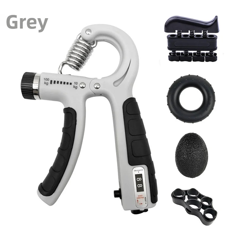 A grey adjustable hand grip strengthener device with a handle and various attachments for forearm muscle building.