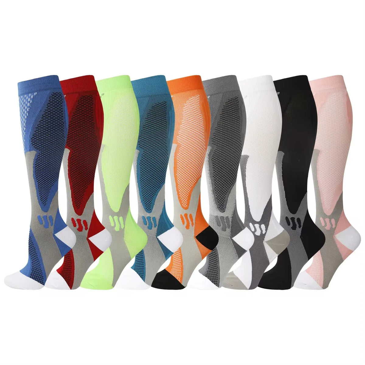 A row of colorful compression socks for veins and pregnancy displayed side by side.