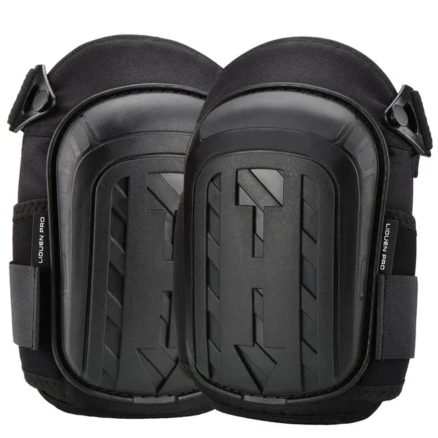 A pair of black heavy duty gel knee pads shown side by side.