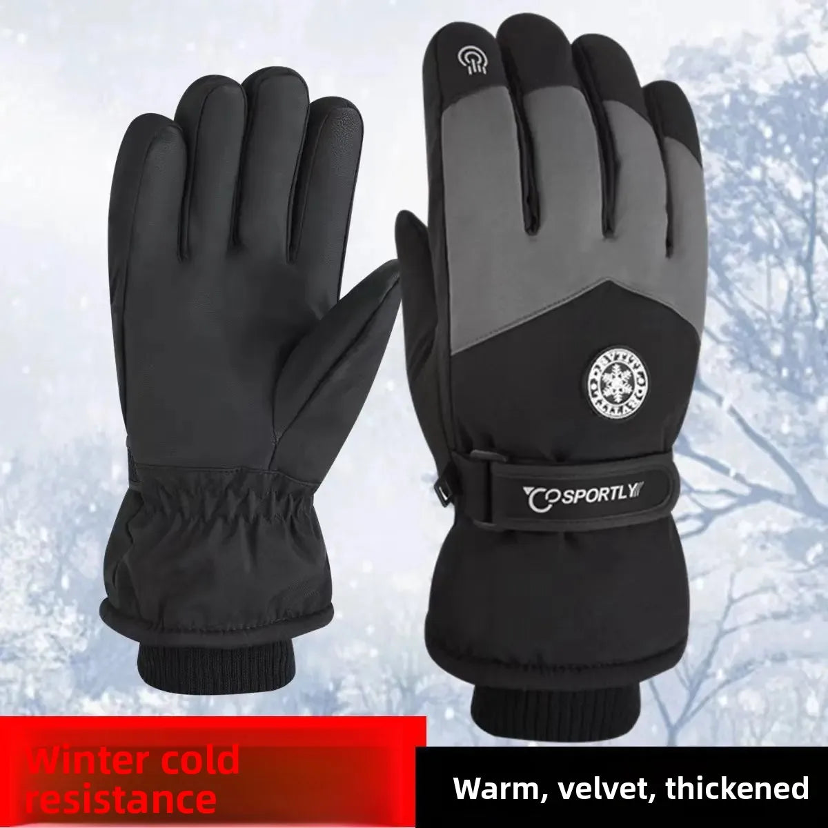 A pair of black and gray Sportly ski gloves designed for winter sports.
