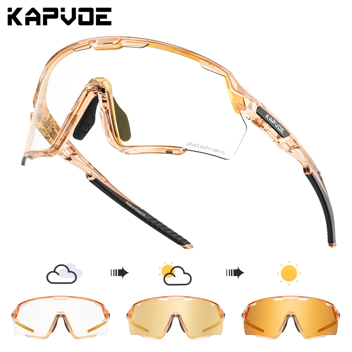 A set of photochromic cycling sunglasses in various shades and styles.