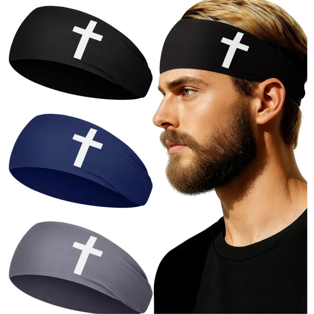 Three athletic sweat headbands in black, navy blue, and gray shown with a man wearing the black headband.