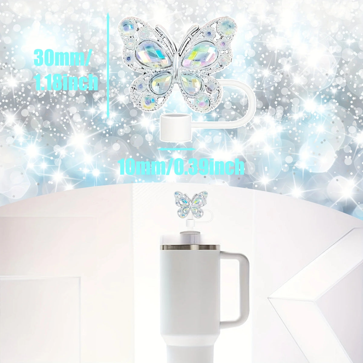 Un ensemble de toppers à paille papillon en silicone avec un papillon en plastique transparent et un topper à paille blanc su