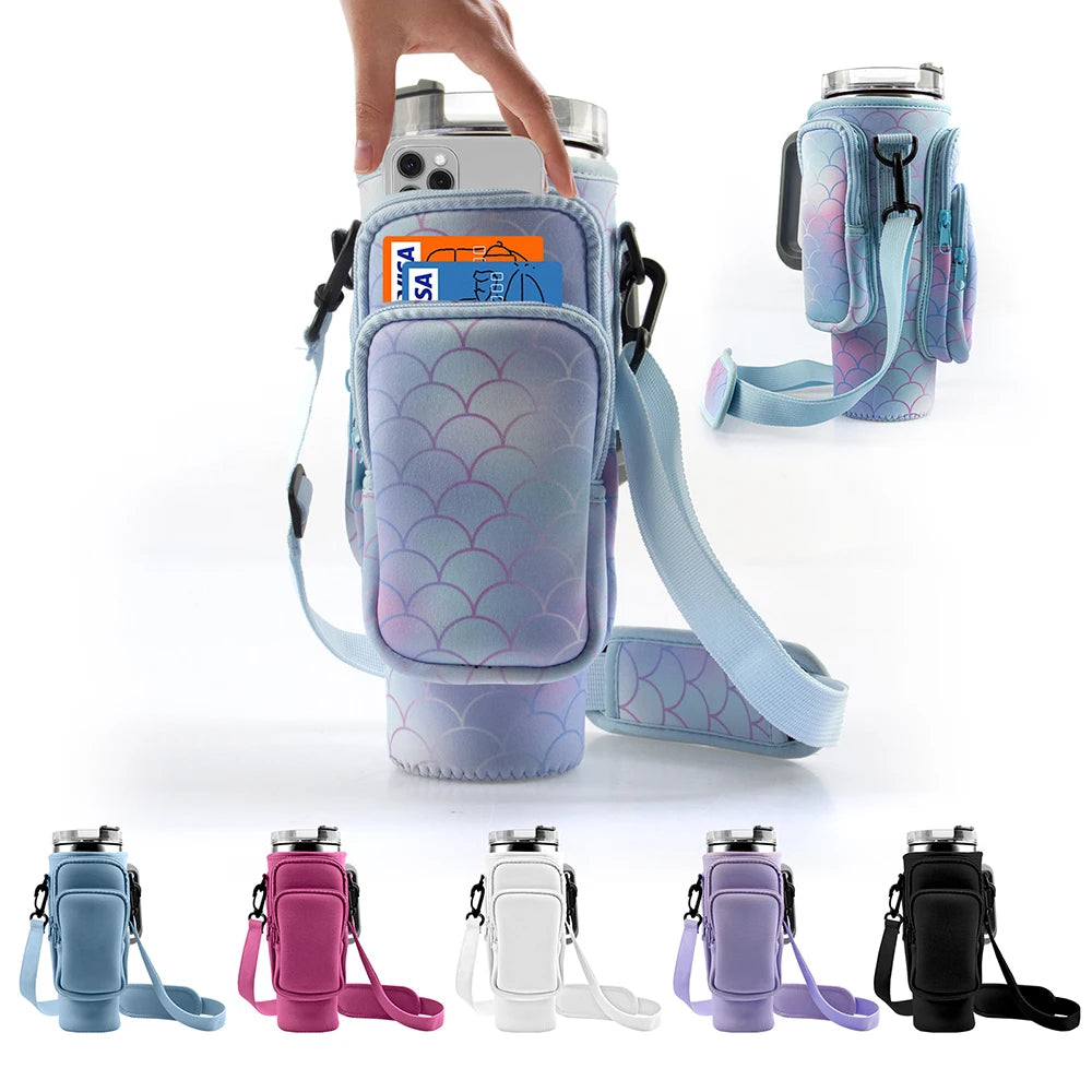 Various colors of a versatile water bottle carrier bag for tumblers shown in different angles and configurations.