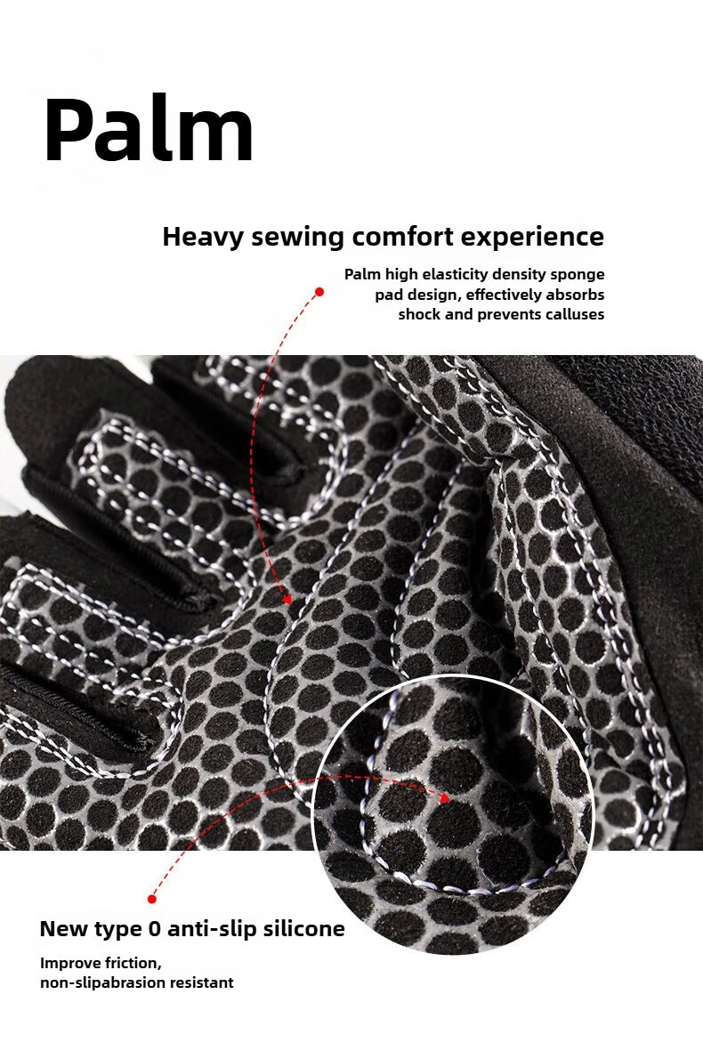 Close-up of black cycling gloves showing high elasticity sponge padding and anti-slip silicone material.