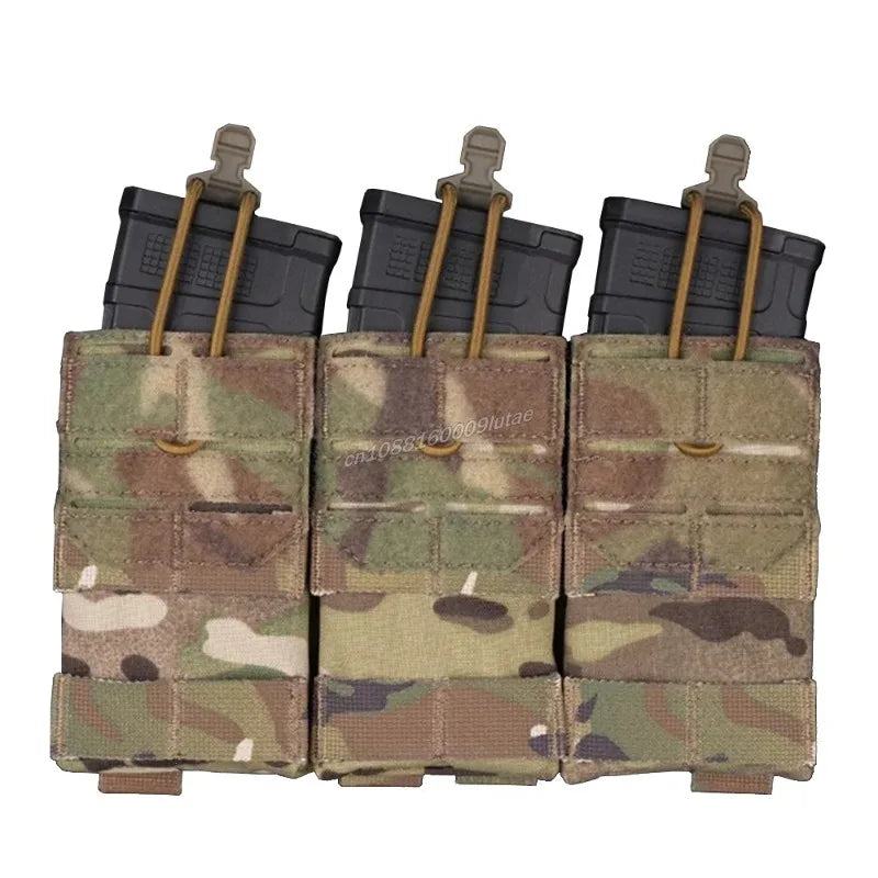 Three olive drab tactical magazine pouches with black magazines and tan webbing straps.