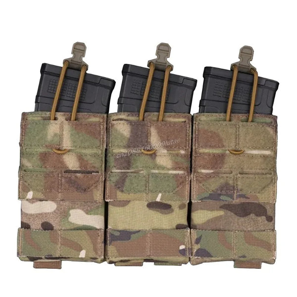 Three olive drab tactical magazine pouches with black magazines and tan webbing straps.