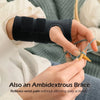A hand is holding a black supportive wrist splint, demonstrating its use as an ambidextrous brace for wrist pain relief.