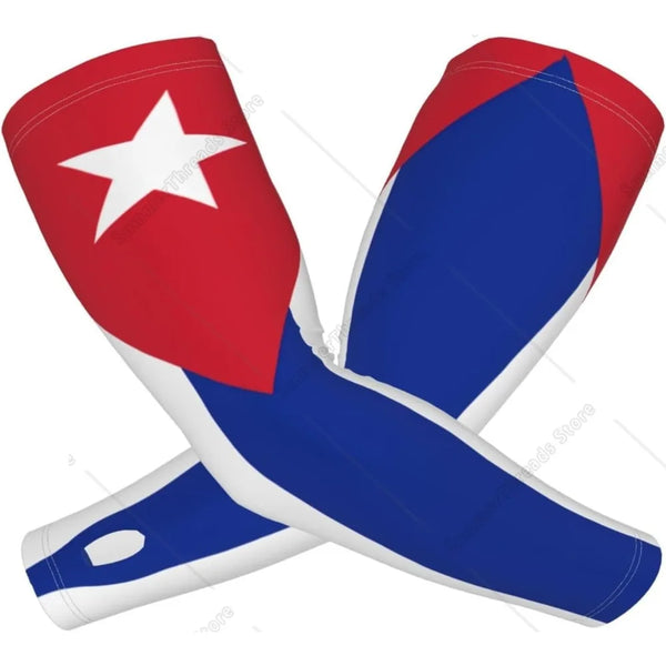 A pair of red and blue UV protection arm sleeves shown spread out.