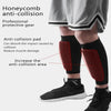 A person wearing black athletic shorts and shoes is shown with red anti-collision pads on their lower legs.