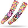 Two colorful multi-use sports arm sleeves featuring a patchwork pattern of purple, orange, and green squares.