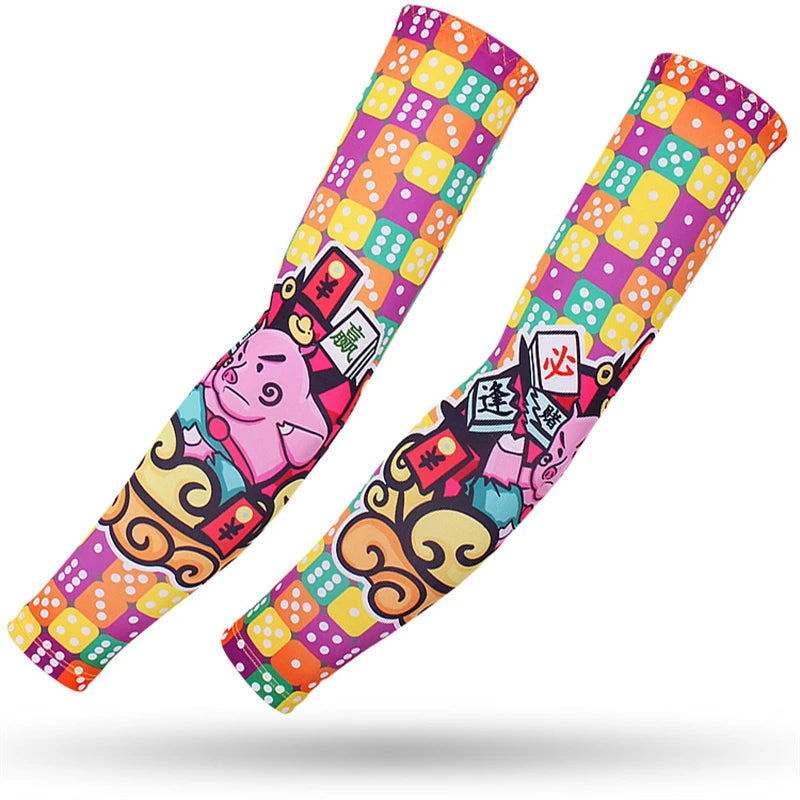 Two colorful multi-use sports arm sleeves featuring a patchwork pattern of purple, orange, and green squares.