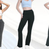 Three models display high-waisted flared yoga leggings in black, light blue, and olive green.