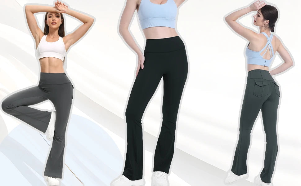 Three models display high-waisted flared yoga leggings in black, light blue, and olive green.