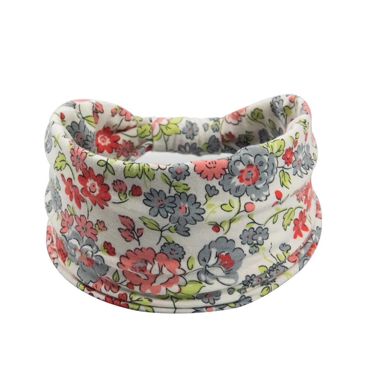 A floral butterfly headband featuring red, pink, and gray flowers on a light background.