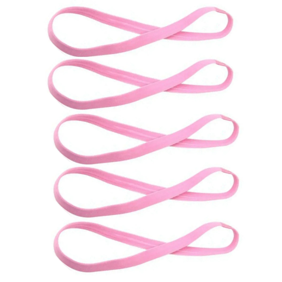 A pack of five pink elastic silicone sports headbands.