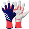 A pair of orange and blue latex goalkeeper football gloves shown against a white background.