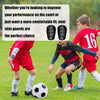 A boy wearing a red shirt is shown demonstrating the fit of mini shin guards for sports.