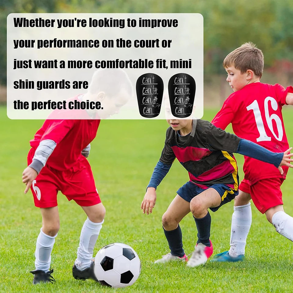 A boy wearing a red shirt is shown demonstrating the fit of mini shin guards for sports.