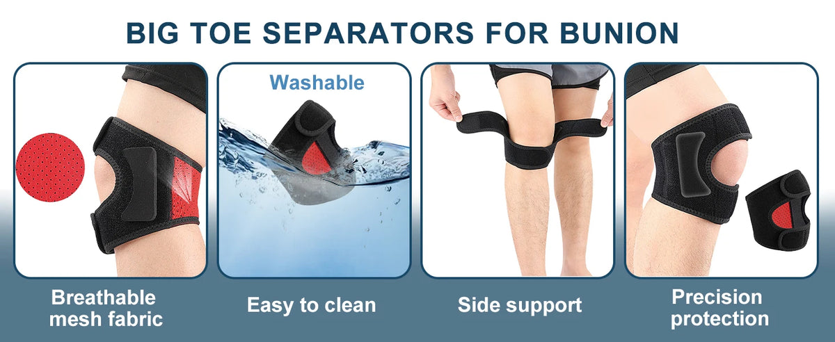 Image showing big toe separators for bunion, highlighting breathable mesh fabric, ease of cleaning, side support, and precisi