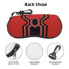 A red pouch featuring a black spider web design, showing user-friendly zipper closure, soft neoprene material, and a secure k