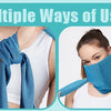 Four images showing women using blue cooling microfiber towels for sports and wellness activities.