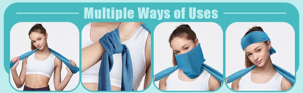 Four images showing women using blue cooling microfiber towels for sports and wellness activities.