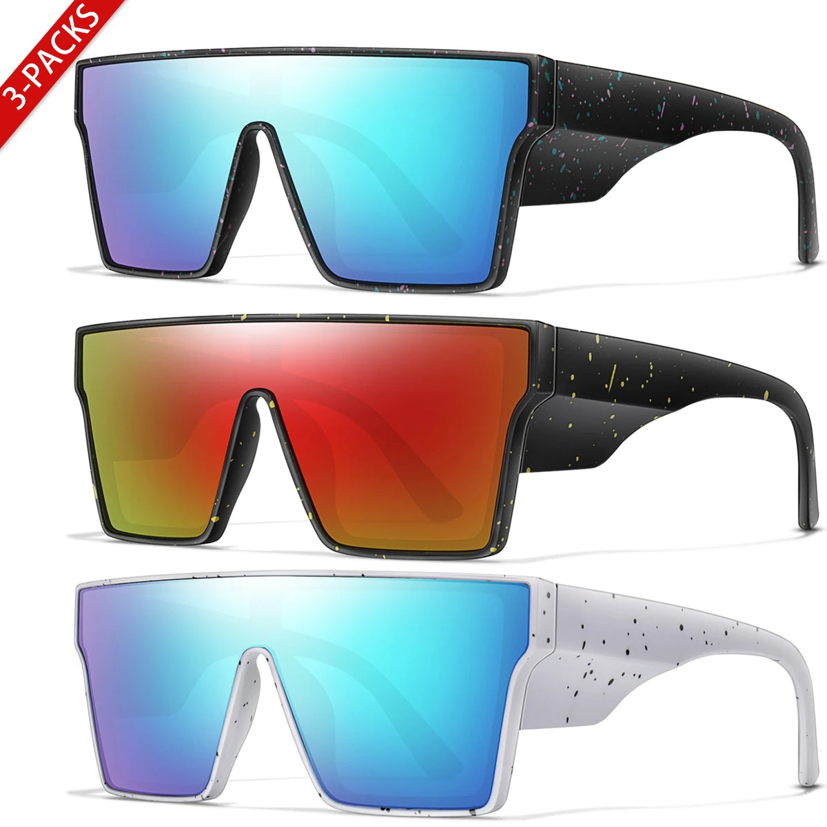 Tres pares de gafas de sol grandes UV400 en marcos azules, rojos y blancos.