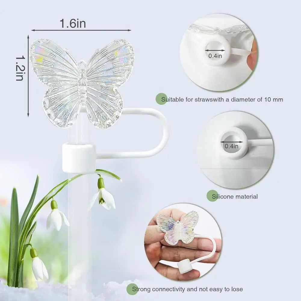 A silicone butterfly straw cover is shown attached to a straw, demonstrating strong connectivity for tumblers.