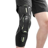 Black performance knee compression sleeve worn on a leg.