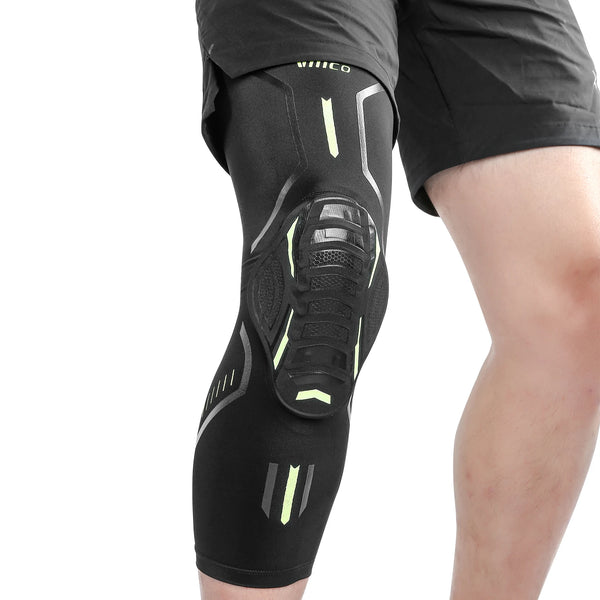 Black performance knee compression sleeve worn on a leg.