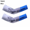 A pair of blue sports arm sleeves with a gray and blue camouflage pattern.
