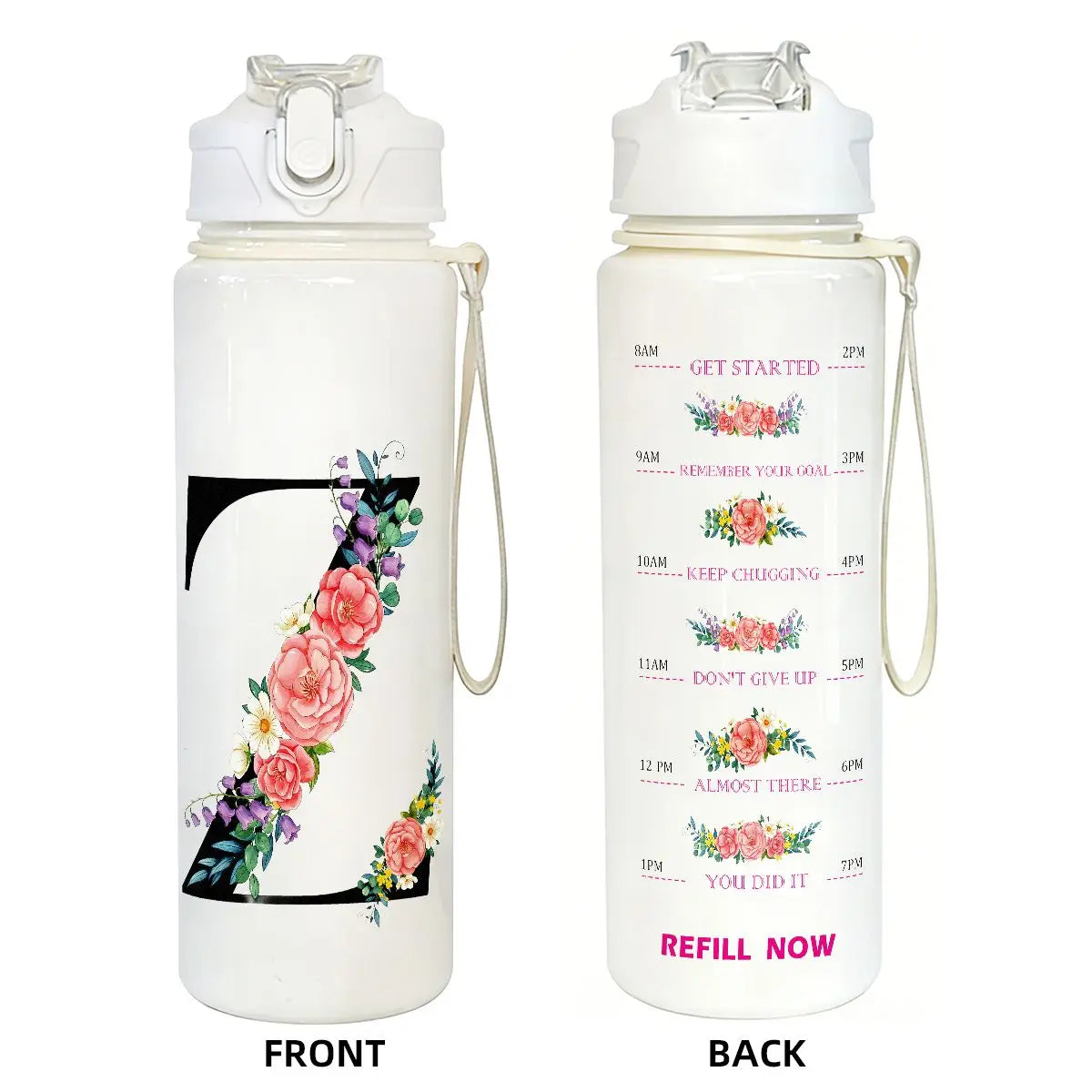 Front and back views of a white insulated straw tumbler for hydration