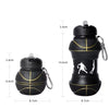 A black foldable silicone sports water bottle shown with dimensions and a separate component.