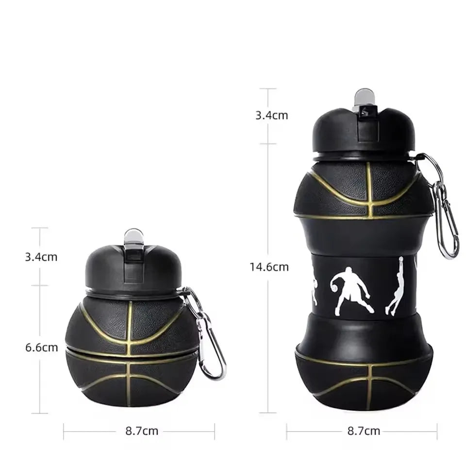A black foldable silicone sports water bottle shown with dimensions and a separate component.