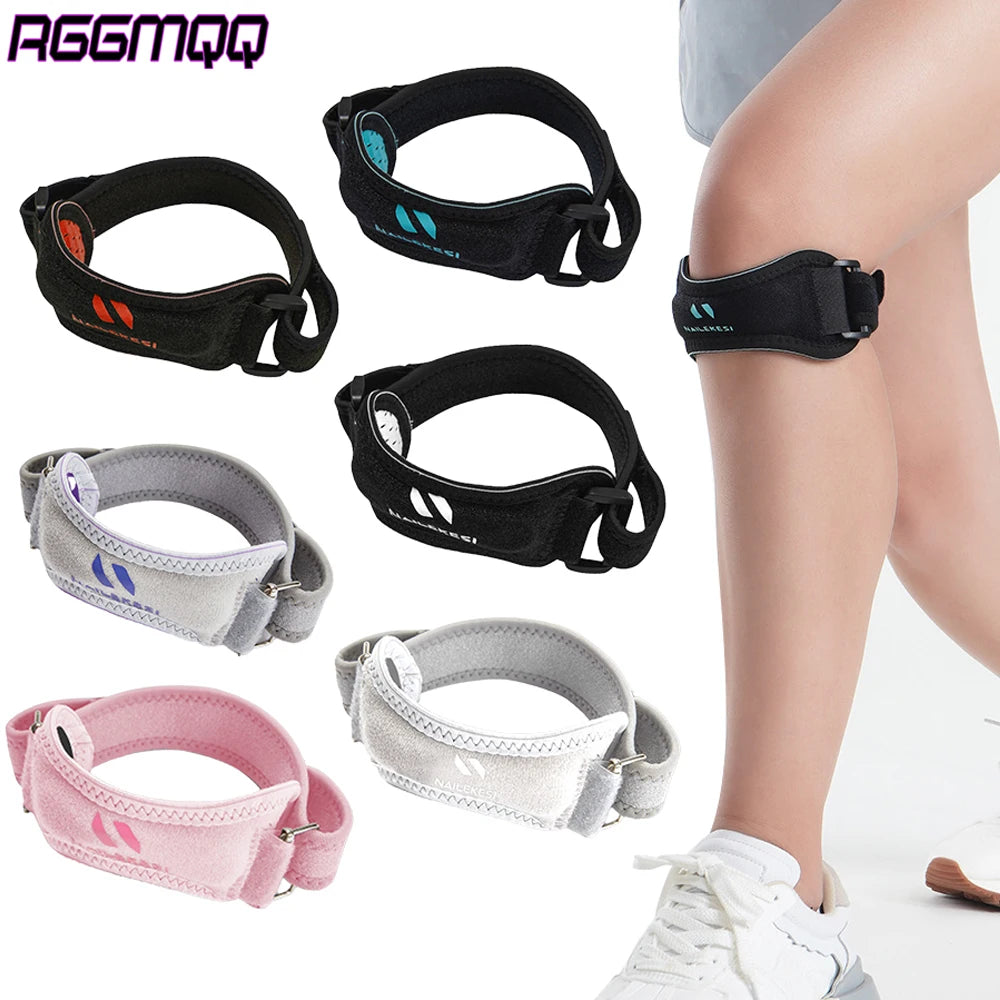 Various adjustable knee straps and braces for support shown on a leg.